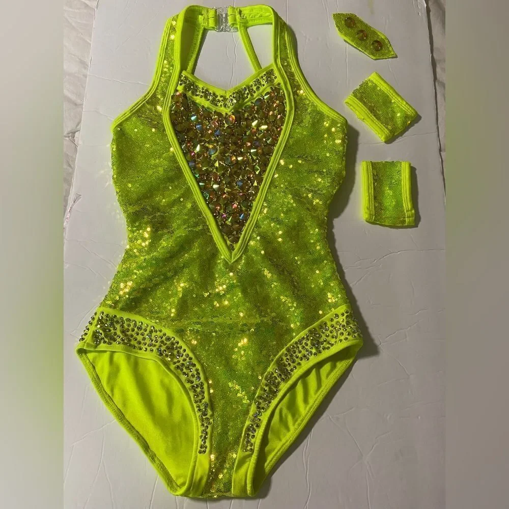Rare Glamour Competition Solo Costume Neon Lime green Crystal Jazz Open SA adult